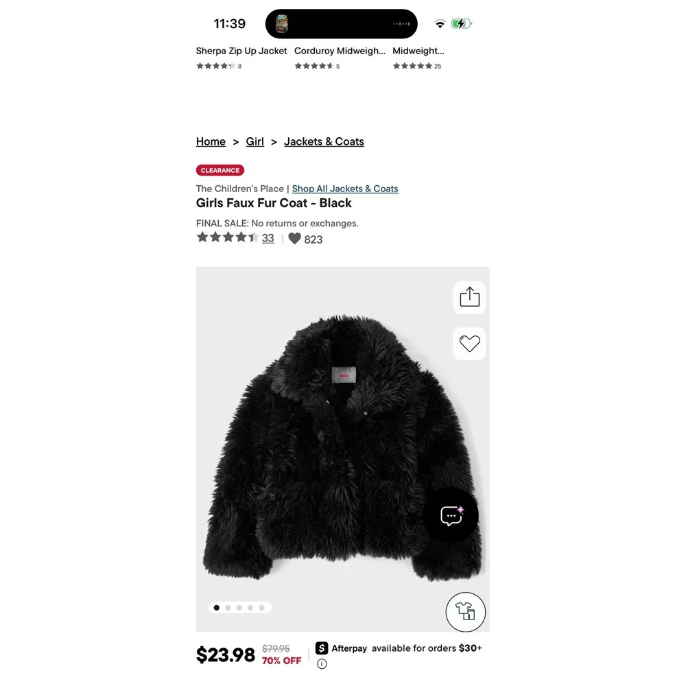 The Childrens Place Girls Faux Fur Coat Black Jacket Size M 7/8 NEW NWT